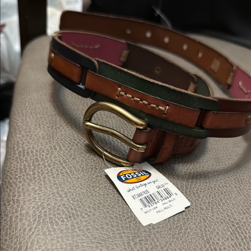 NWT size 37” small Fossil Multicolor Leather Belt with Gold Buckle